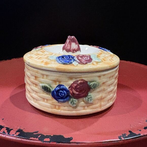 Source Unknown Other - Vintage Ceramic Floral Basket Weave Trinket Dish
